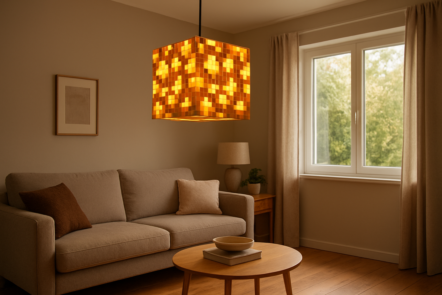 Lustre Minecraft en forme de bloc de lumière suspendu dans un salon moderne avec canapé et parquet, éclairant la pièce d'une lumière chaleureuse.