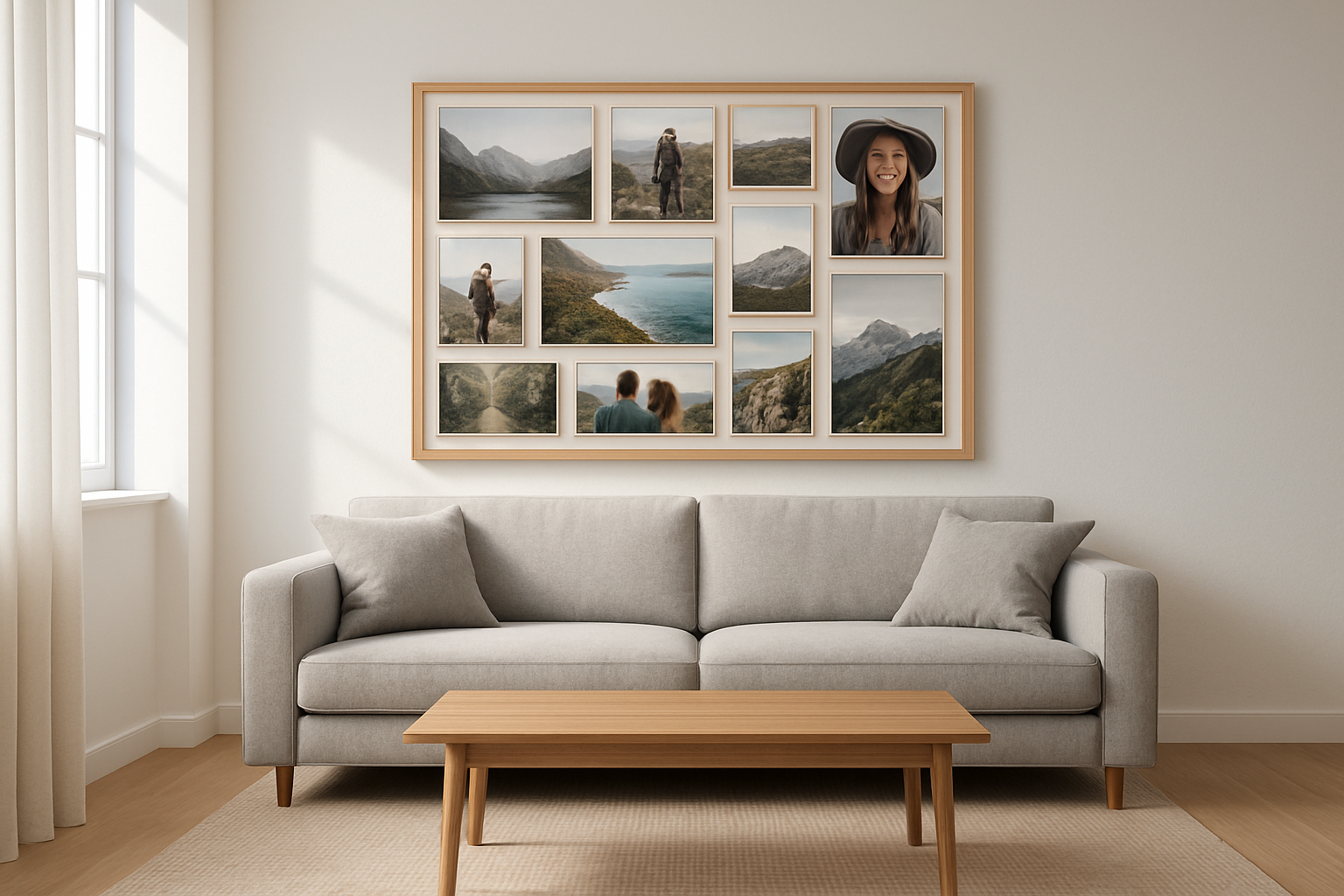 Grand pêle-mêle photo mural en bois clair avec neuf photos de voyage disposées de manière asymétrique dans un salon lumineux au style moderne.