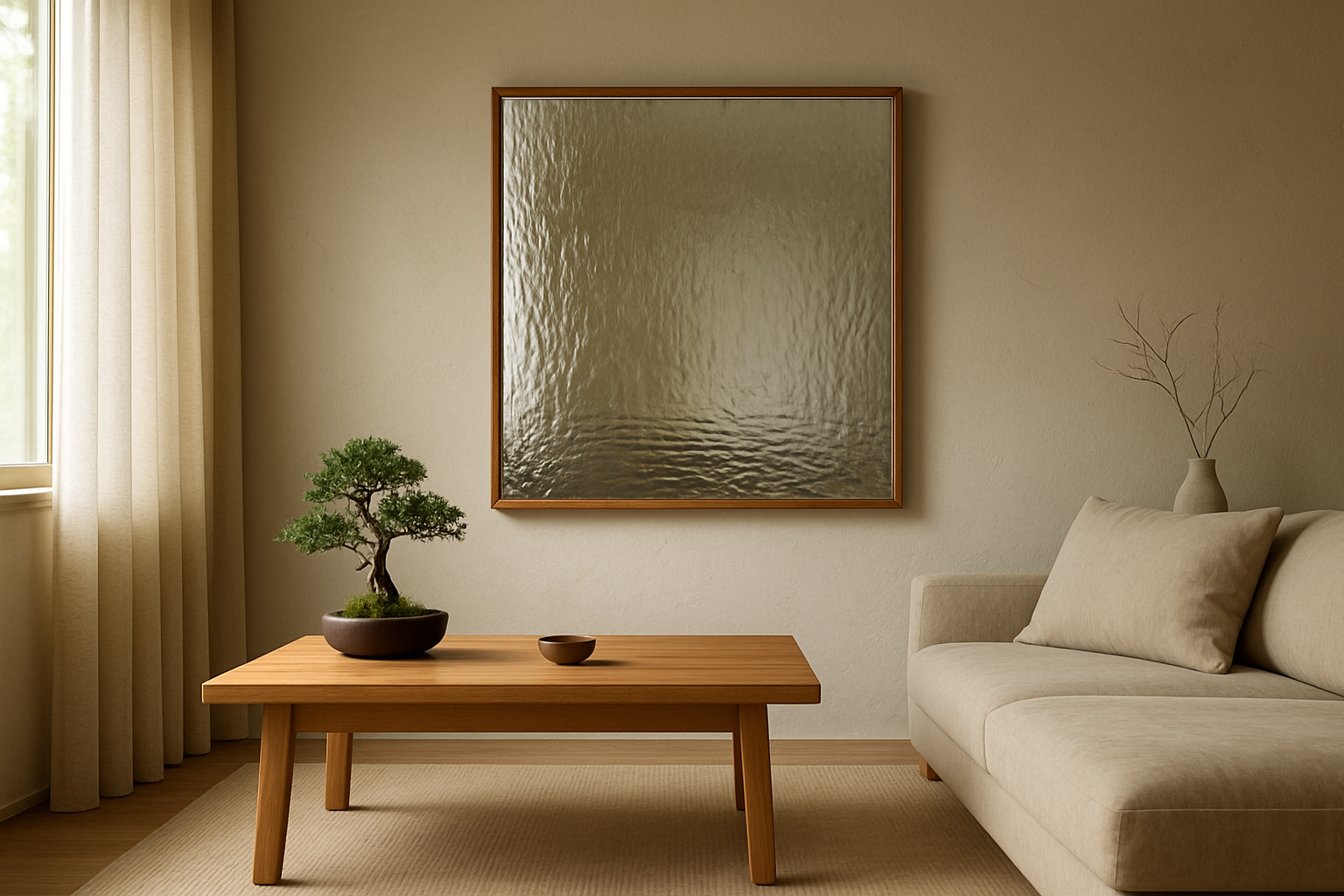 Sushi design miroir d'eau mural en bois clair avec cascade dans un salon zen lumineux, table basse et bonsaï