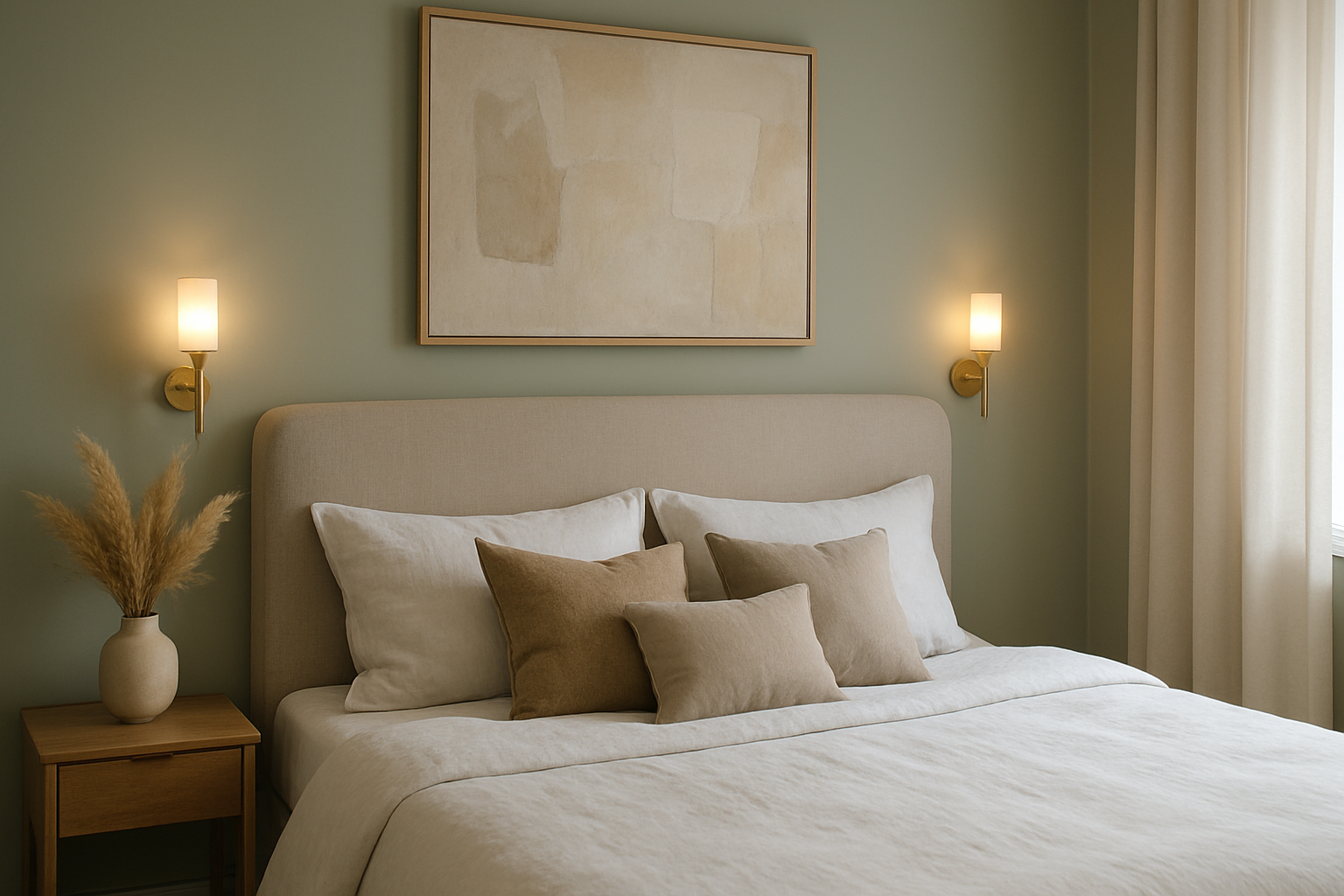 Chambre cosy avec une tête de lit capitonnée beige, des appliques murales, du linge de lit blanc et un vase de pampa séchée sur la table de chevet, le tout baigné de lumière naturelle.