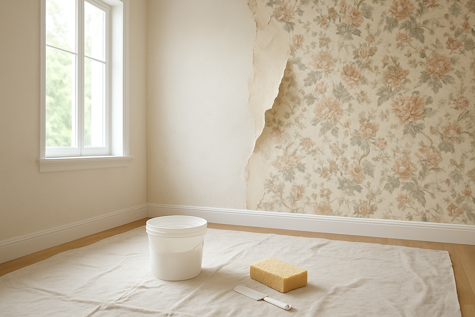Mur en cours de rénovation avec papier peint à motifs partiellement décollé, seau d'eau et spatule au sol, lumière naturelle