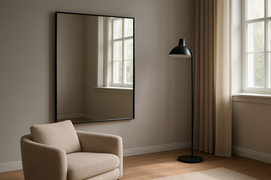 Grand miroir rectangulaire mural reflétant une fenêtre dans un salon lumineux, avec lampe sur pied et rideau beige, décoration intérieure réaliste