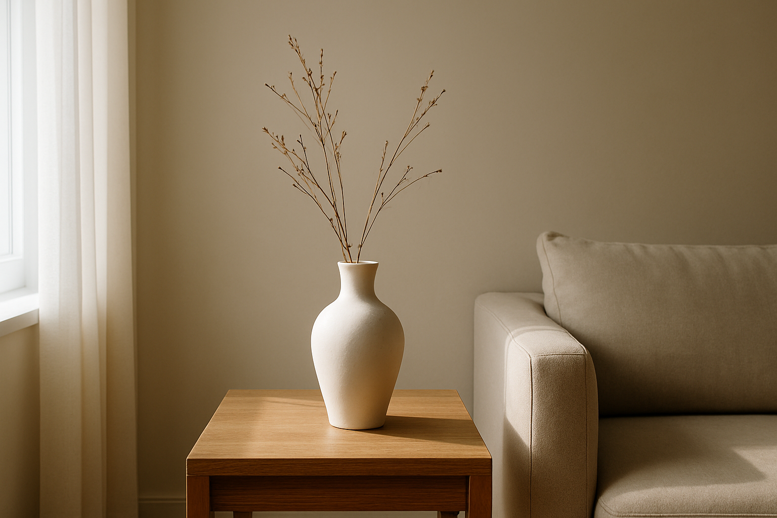 Vase en céramique blanche posé sur une table en bois, avec des branches sèches, dans un salon lumineux au style épuré.