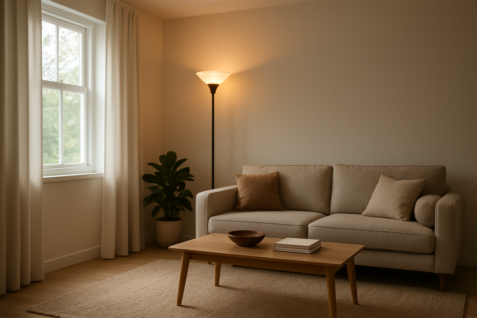 Salon moderne avec un lampadaire torchière dans un coin, lumière chaude projetée au plafond, canapé et table basse en arrière-plan