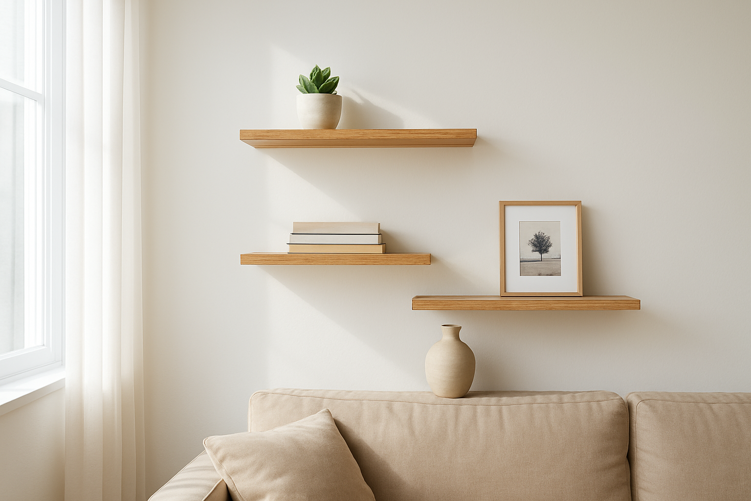 Étagère murale en anglais (wall shelf) en bois flottant dans un salon lumineux, avec livres, plante et vase en céramique sur les étagères