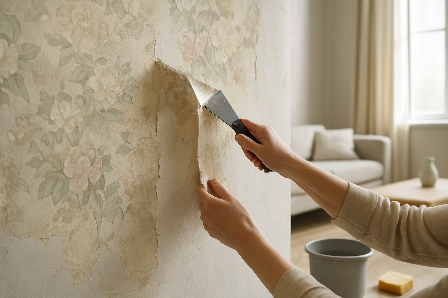 Mains tenant un grattoir enlevant une bande de papier peint à fleurs sur un mur de salon, seau d'eau et éponge au sol, lumière naturelle.
