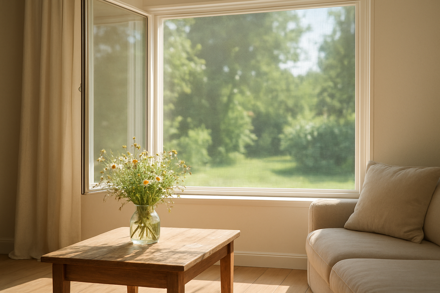 Moustiquaire blanche installée dans une fenêtre ouverte laissant voir un jardin verdoyant, avec lumière naturelle filtrée créant des ombres douces sur le sol en bois