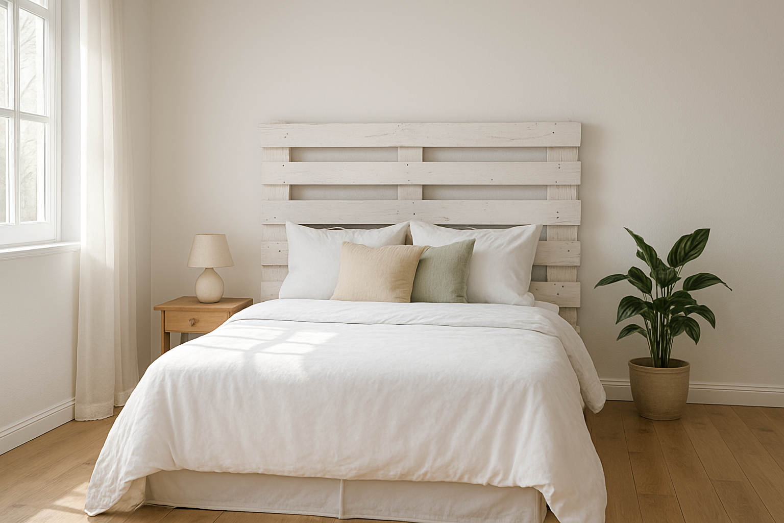 Chambre lumineuse avec une tête de lit originale faite maison en palettes blanches, lit en bois simple avec linge blanc et coussins déco, style scandinave