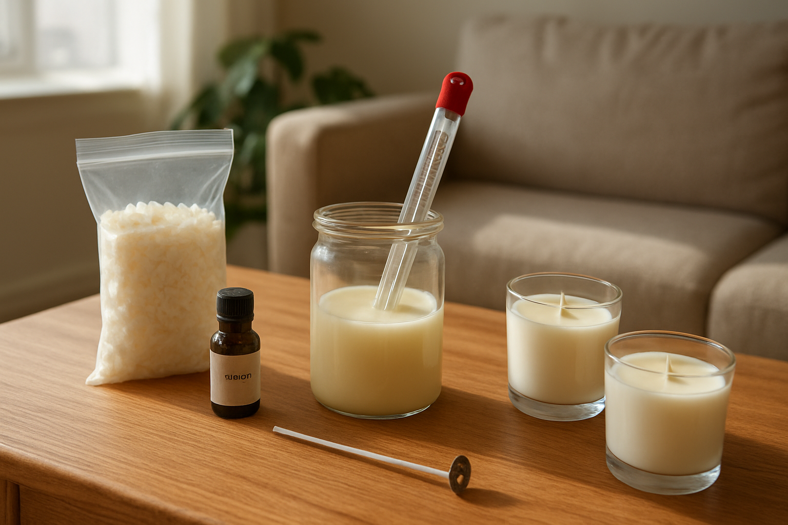 Matériel pour faire une bougie maison : cire de soja, mèche, huile essentielle et bougies finies sur une table en bois dans un salon lumineux