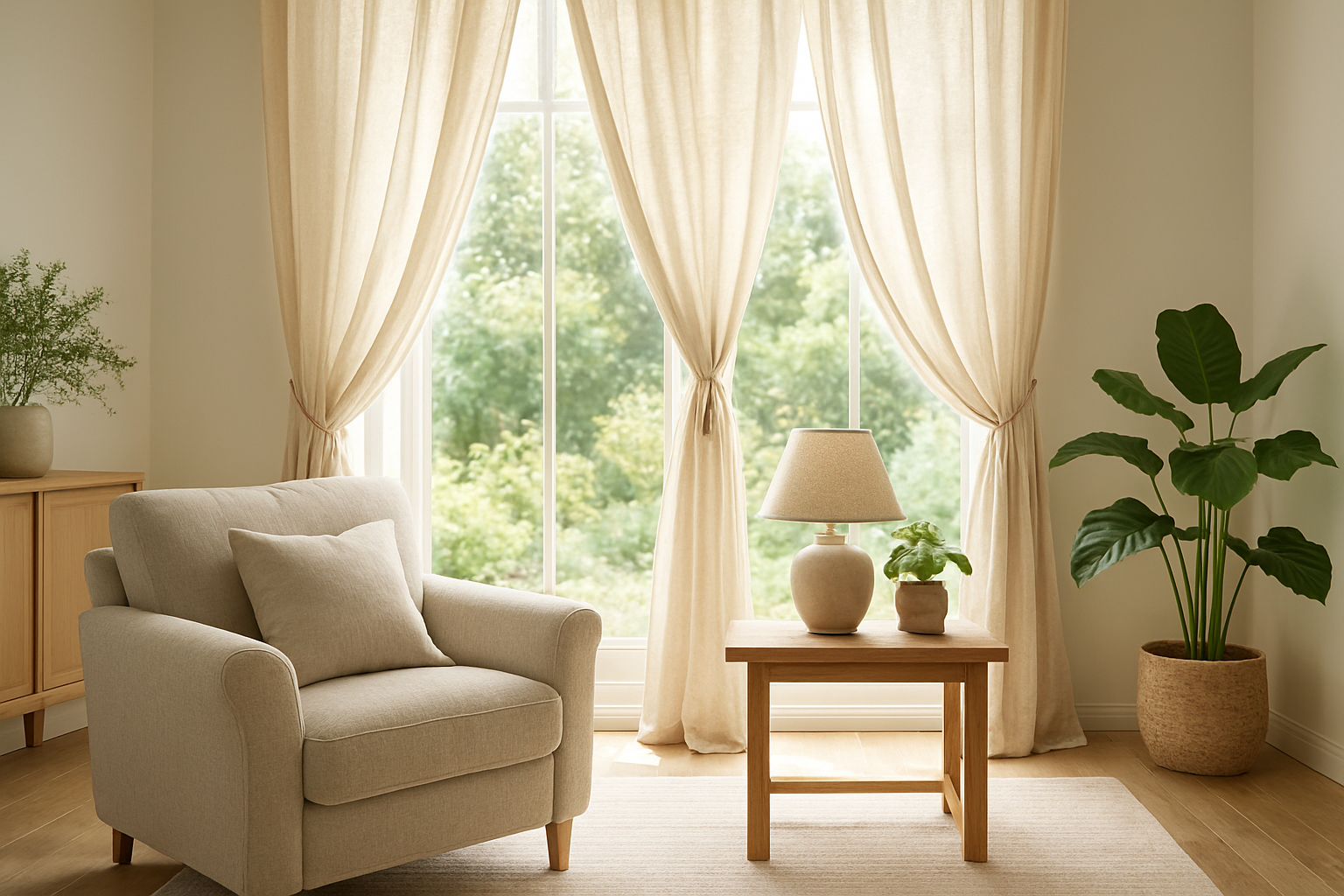 Rideaux en lin beige dans un salon lumineux, laissant filtrer la lumière naturelle, avec un fauteuil et une table d'appoint en bois, ambiance scandinave apaisante.