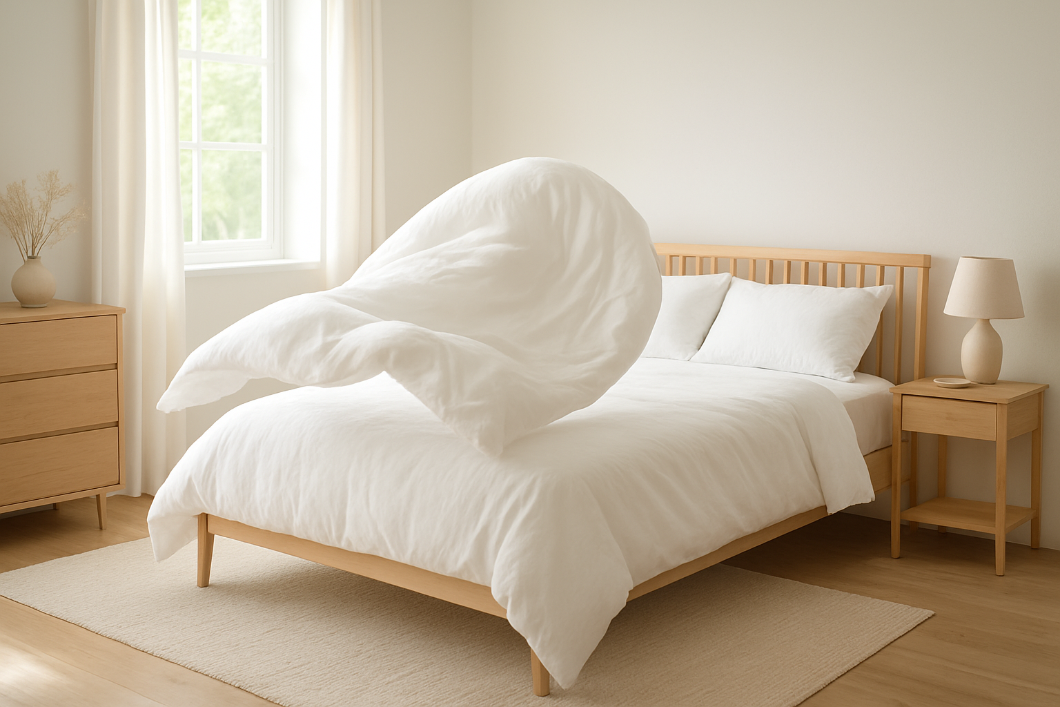 Couette blanche fraîchement lavée étendue sur un lit en lin, dans une chambre claire et aérée au style scandinave, avec lumière naturelle et mobilier en bois clair