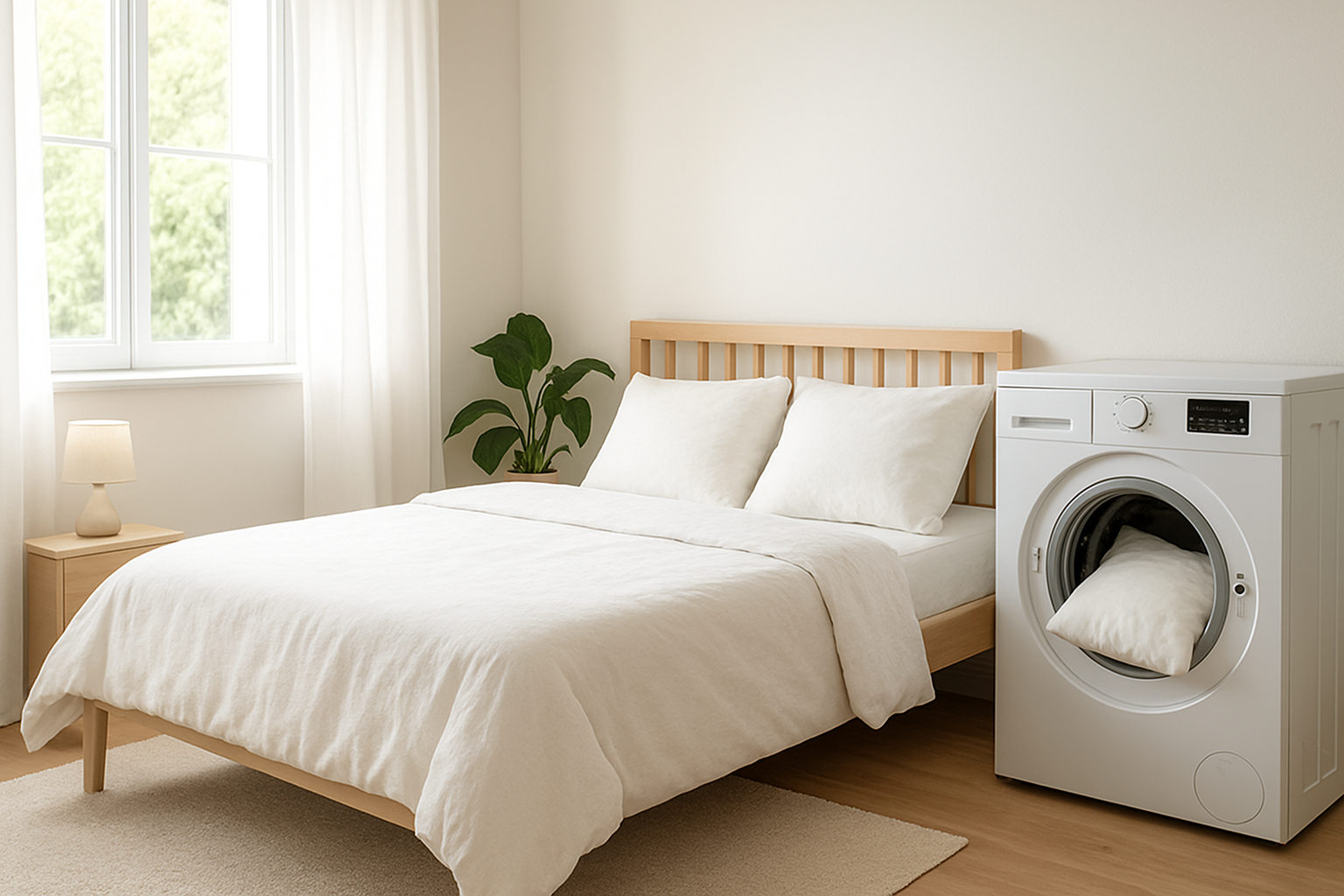 Oreiller blanc moelleux placé dans une machine à laver ouverte, dans une chambre lumineuse au style scandinave, avec lumière naturelle et plante verte.