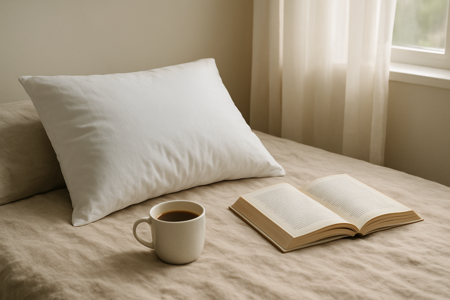 Oreiller en plume blanc gonflé sur un lit en lin beige avec tasse de café et livre, lumière naturelle douce