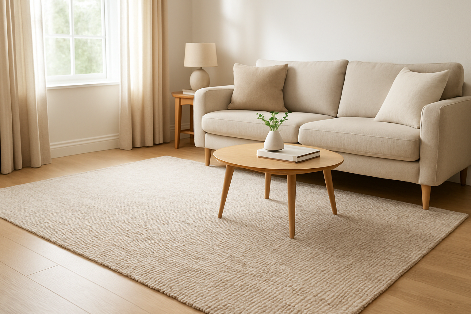 Grand tapis en laine beige dans un salon lumineux, près d'un canapé et d'une table basse, avec lumière naturelle traversant une fenêtre