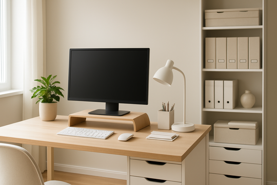 Bureau lumineux avec un caisson à tiroirs blanc IKEA ALEX, un organisateur de bureau en bois et des boîtes de rangement étiquetées, créant un espace de travail ordonné et fonctionnel.