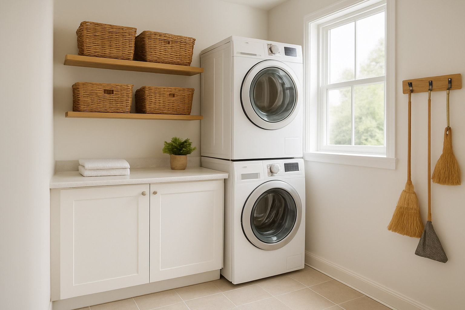 Buanderie rangée avec meuble blanc, machine à laver et sèche-linge superposés, plan de travail, étagères et paniers en osier, éclairage naturel.