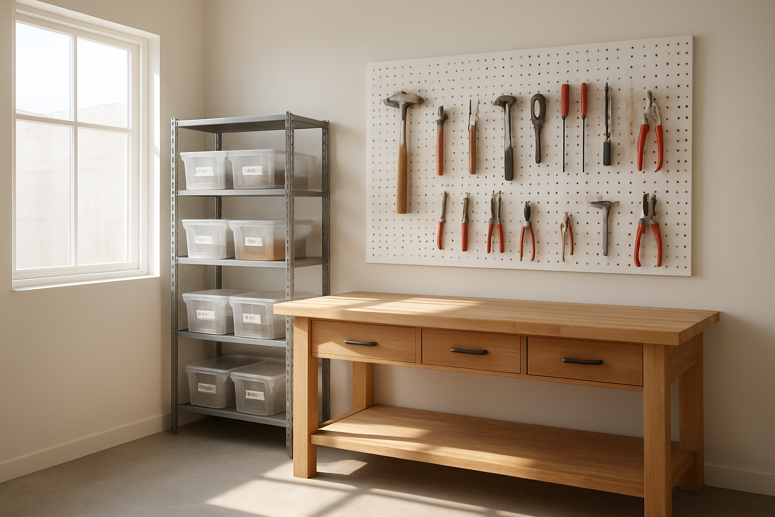 Atelier lumineux avec panneau perforé blanc garni d'outils, établi en bois et étagères métalliques pour un rangement atelier optimisé.