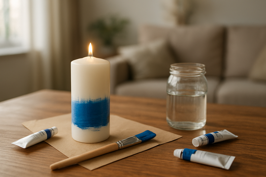 Bougie blanche en cire partiellement peinte en bleu avec un pinceau et des tubes de peinture acrylique sur une table en bois, lumière naturelle tamisée