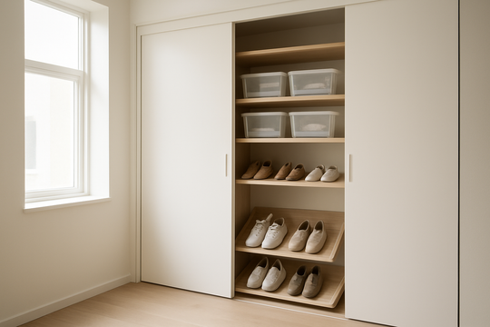 Placard coulissant ouvert avec rangement chaussures organisé : étagères en bois, boîtes en plastique transparent empilées et range-chaussures suspendu contenant des baskets, lumière naturelle.