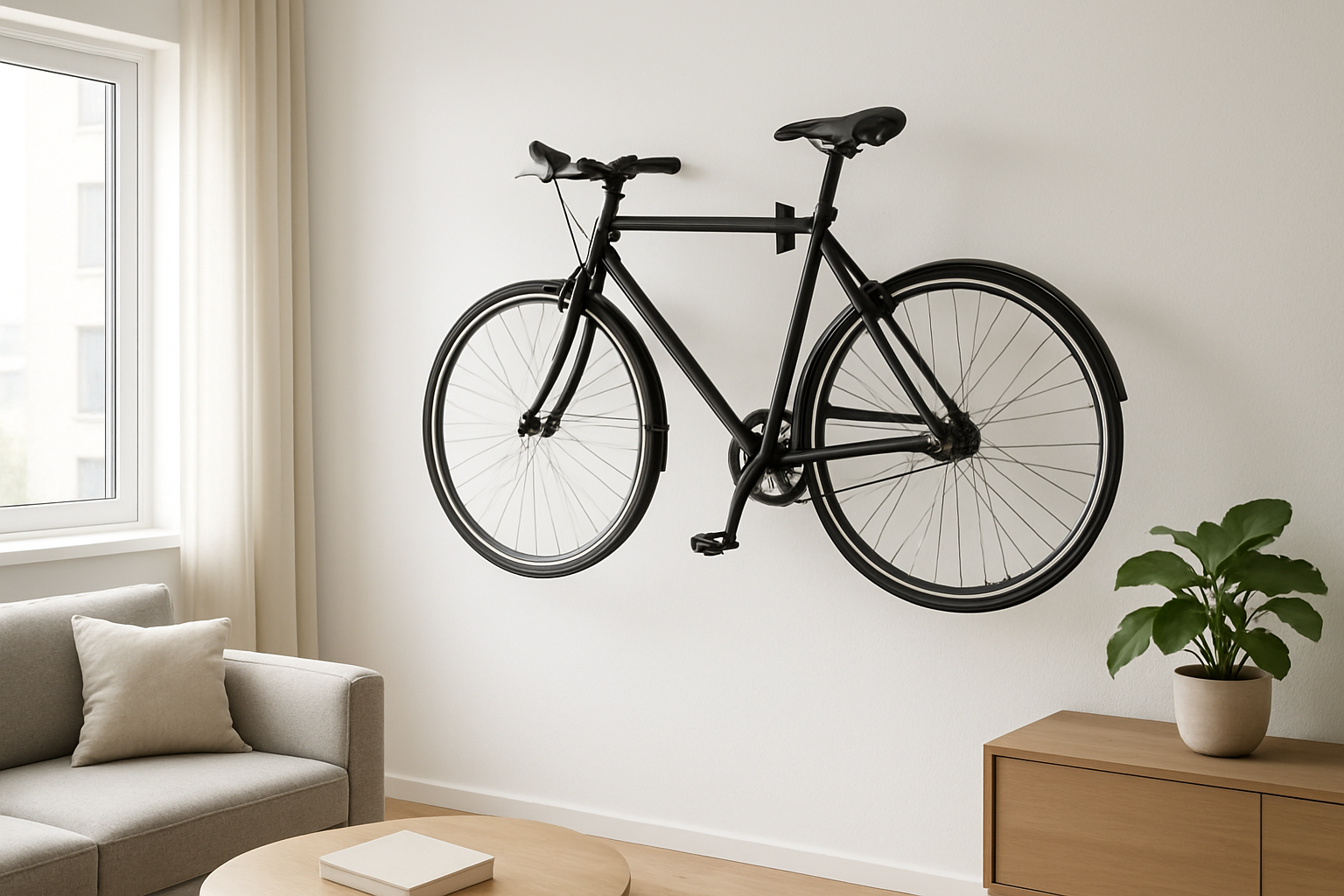 Vélo de ville noir suspendu verticalement à un support mural design dans un appartement lumineux, solution de rangement gain de place