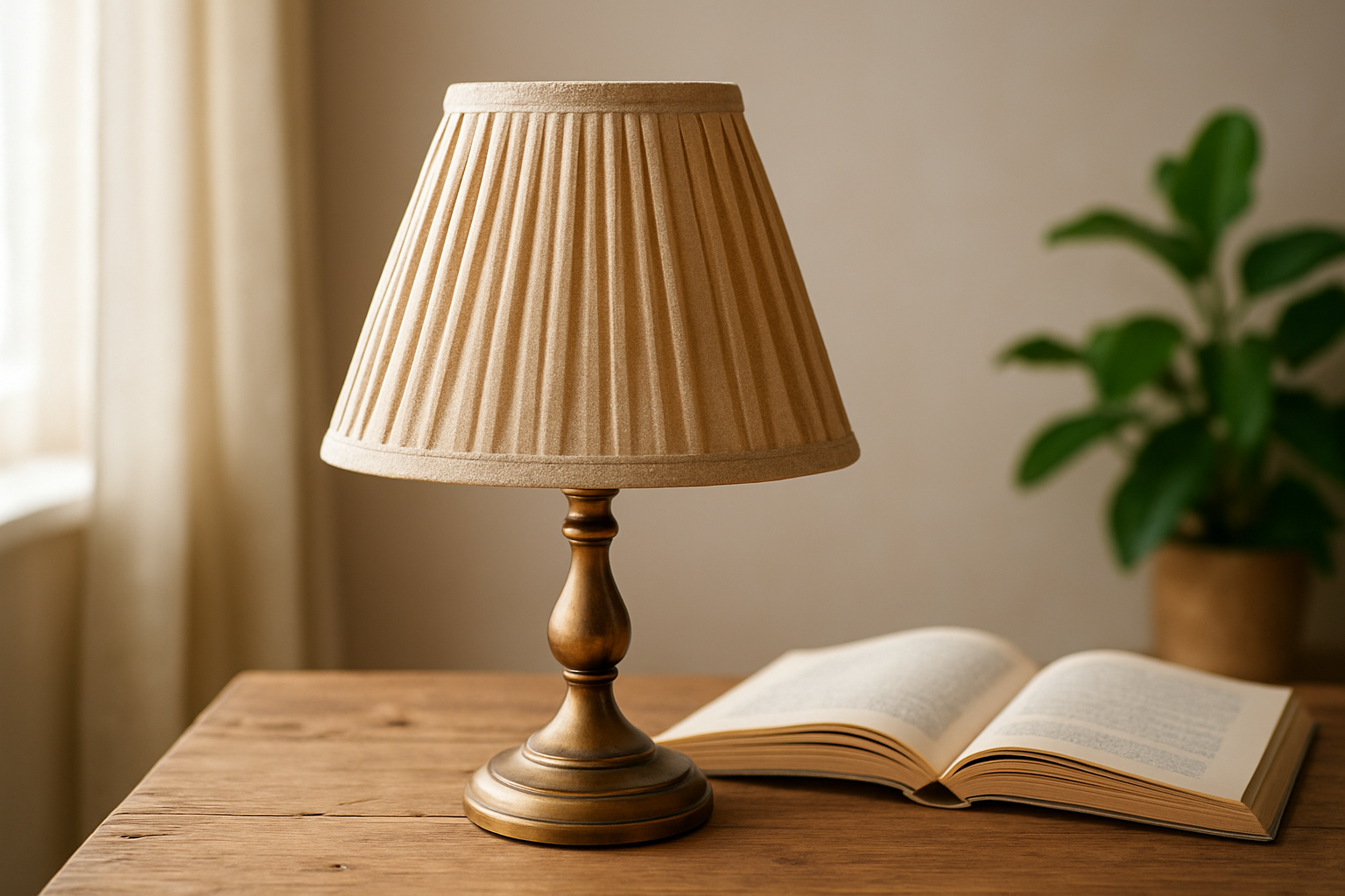 Lampe de chevet vintage avec abat-jour en tissu plissé rénové sur table en bois, lumière naturelle, décoration intérieure chaleureuse