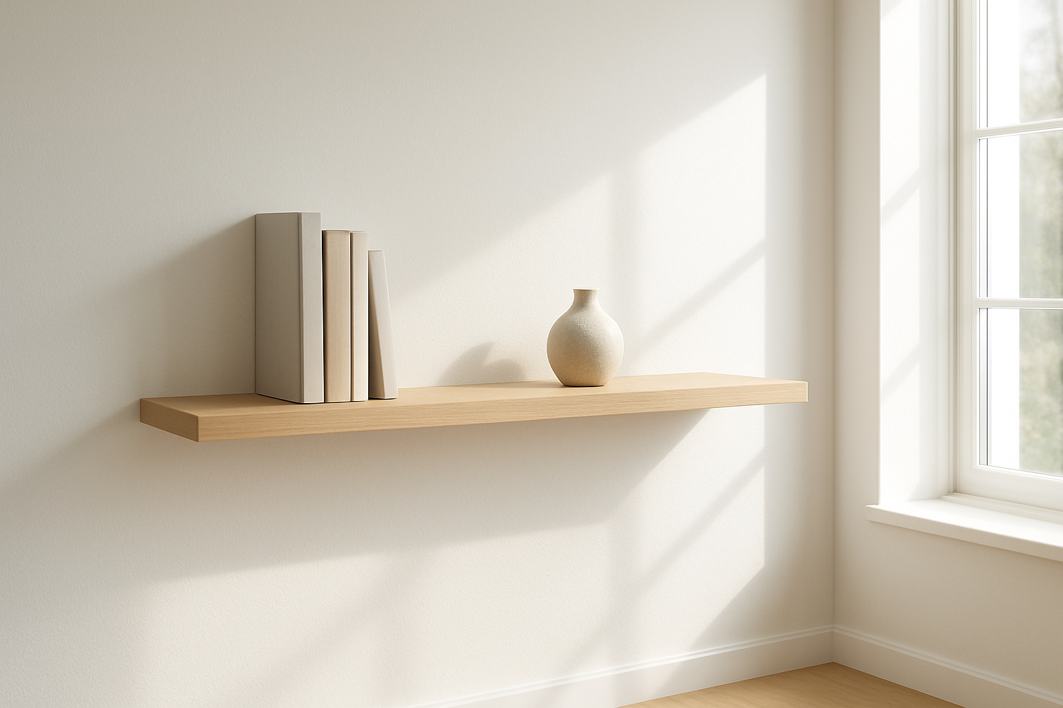 Étagère en bois flottant fixée au mur blanc avec fixation invisible, décorée de livres et d'un vase, lumière naturelle