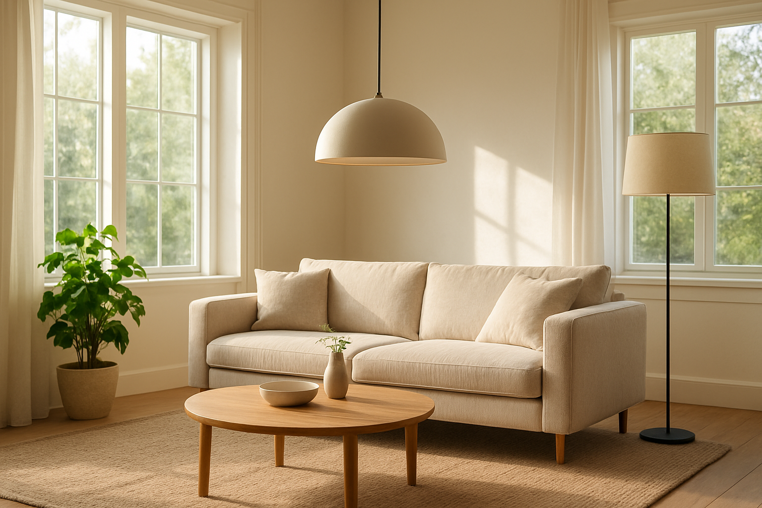 Salon lumineux avec une suspension design au plafond et un lampadaire d'ambiance, éclairé par la lumière naturelle, illustrant un magasin de luminaires à proximité
