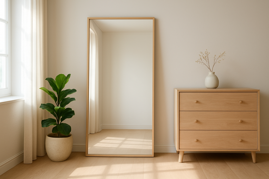 Grand miroir posé au sol dans un intérieur scandinave lumineux, avec une plante verte et une commode en bois clair