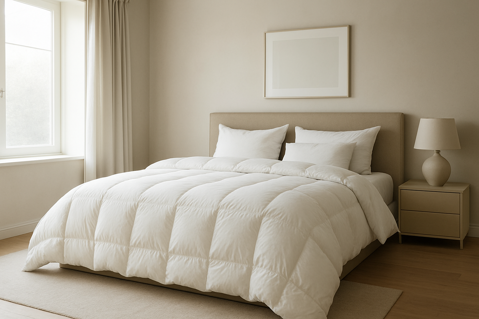 Couette 220x240 plumes blanche et moelleuse sur un grand lit king size dans une chambre lumineuse et élégante