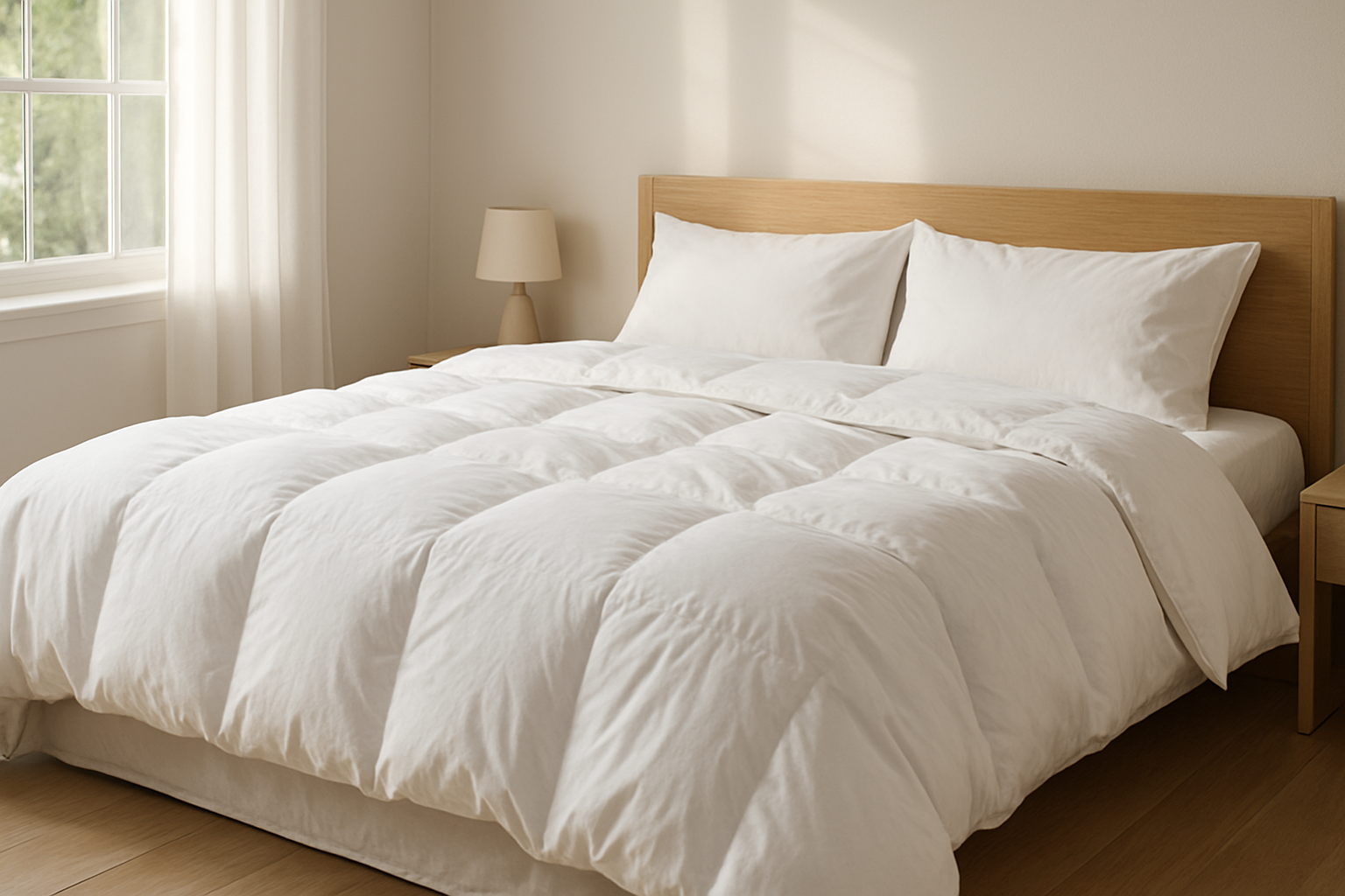 Couette plume d'oie gonflante blanche sur un lit dans une chambre lumineuse, avec oreillers et tête de lit en bois clair