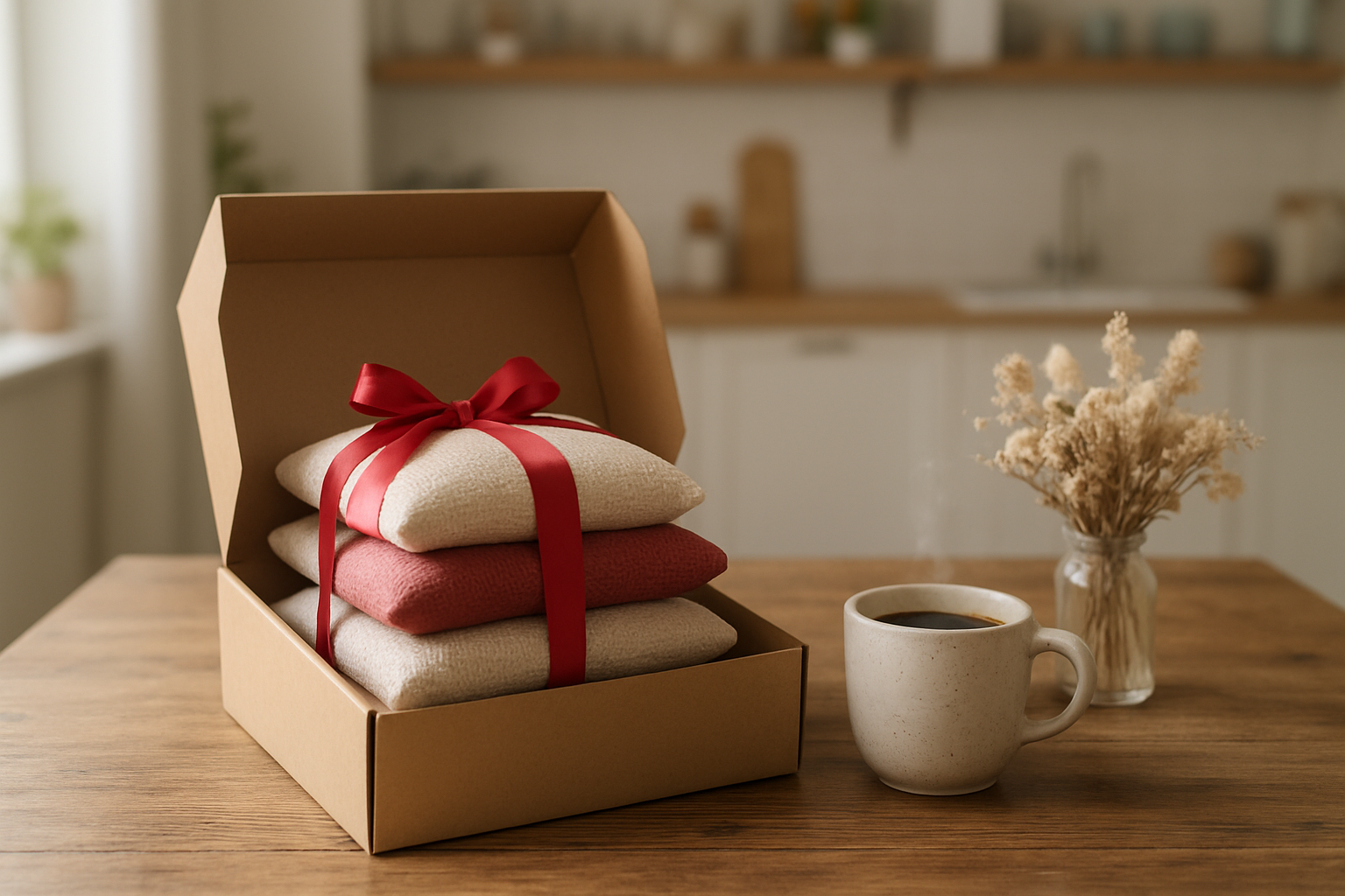 Coffret cadeau ouvert contenant des coussins lyonnais au chocolat, disposés sur une table en bois avec une tasse de café et des fleurs séchées, éclairage naturel.