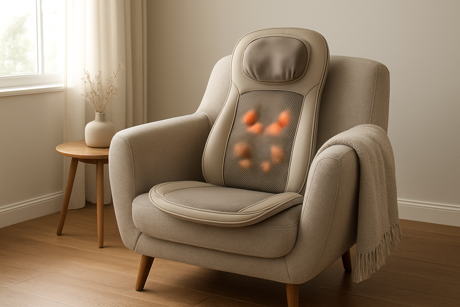 Coussin shiatsu massage beige posé sur un fauteuil design dans un salon lumineux, avec une couverture et une lumière naturelle tamisée.