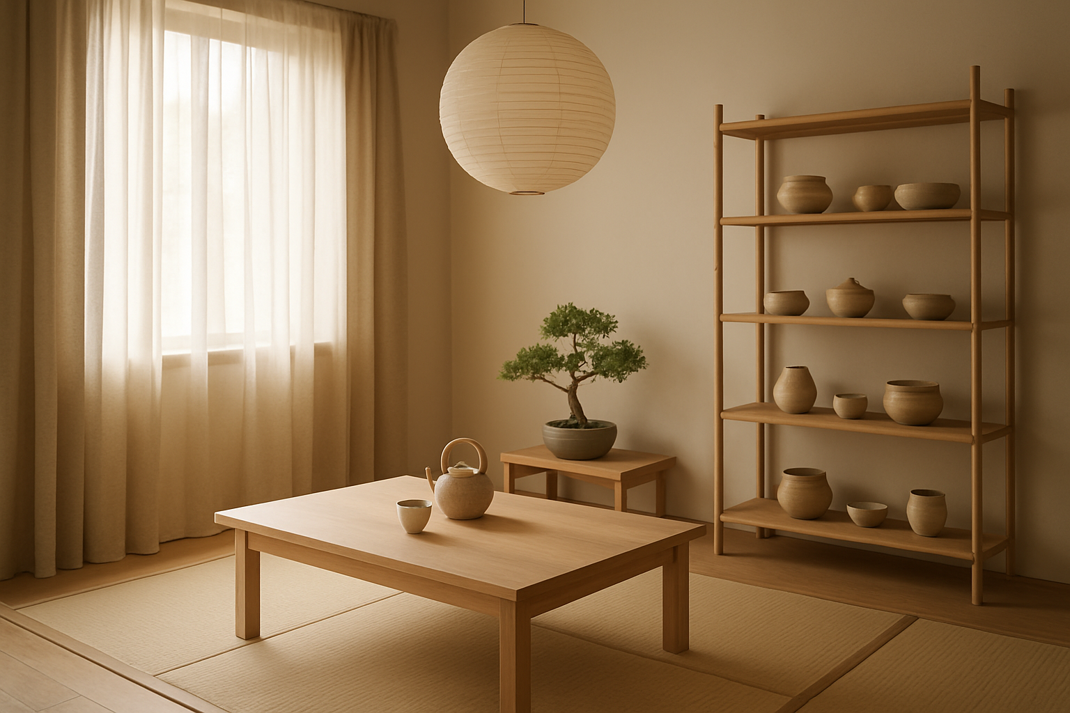 Salon lumineux style concept store japonais avec meubles en bois clair, rideaux en lin, tapis tatami, étagère en bambou et lanterne en papier washi, ambiance zen et minimaliste