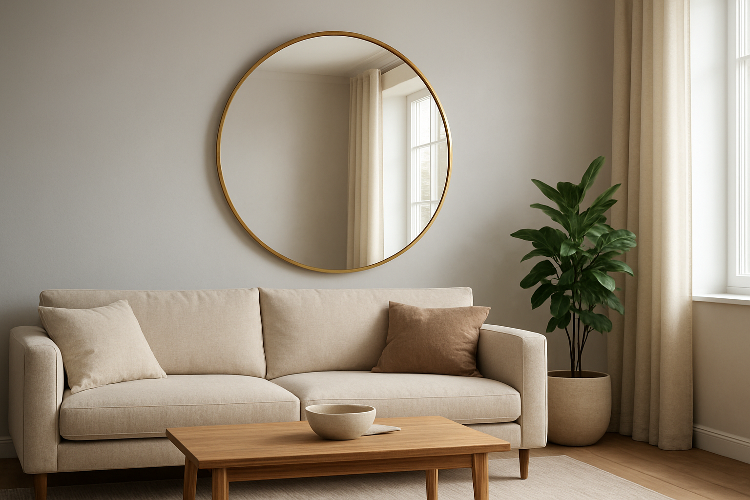 Grand miroir rond à cadre doré dans un salon lumineux, reflétant une fenêtre et apportant de la lumière à la pièce.