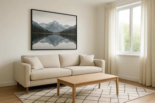 Salon lumineux avec photo en miroir encadrée au-dessus d'un canapé beige, tapis géométrique et rideaux en lin blanc, lumière naturelle par la fenêtre