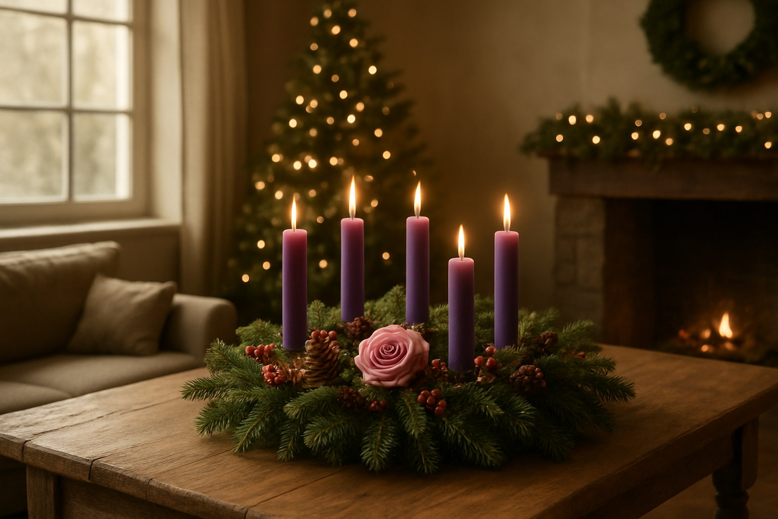 Couronne de l'avent avec quatre bougies violettes et une rose sur une table en bois, entourée de branches de sapin, pommes de pin et baies rouges, dans un intérieur lumineux et cosy.