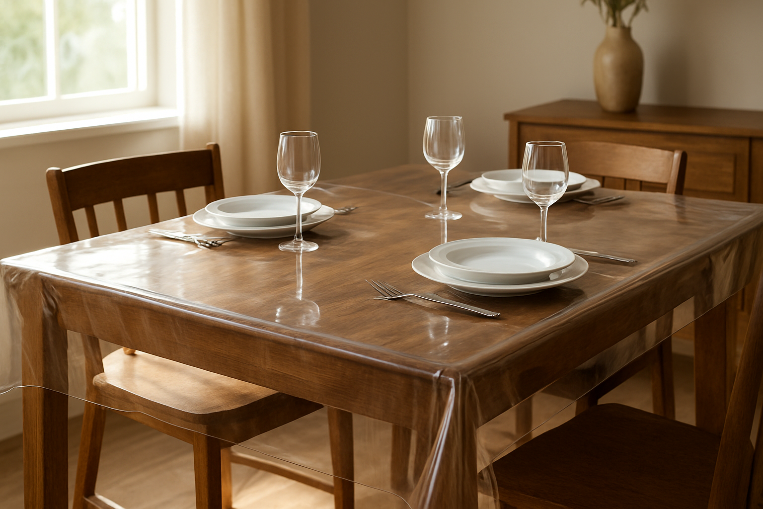 Table en bois avec nappe transparente en silicone protégeant le plateau, couverts et assiettes posés dessus, lumière naturelle traversant la pièce