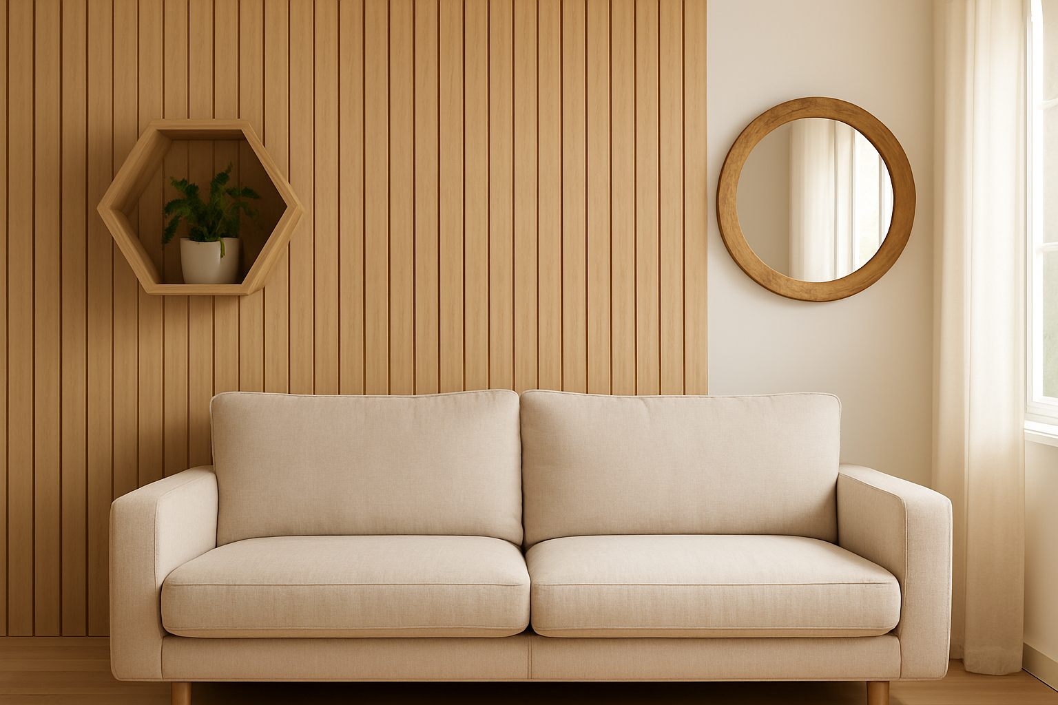 Composition de déco murale bois design dans un salon lumineux avec panneau de lattes, étagère hexagonale et miroir rond en bois
