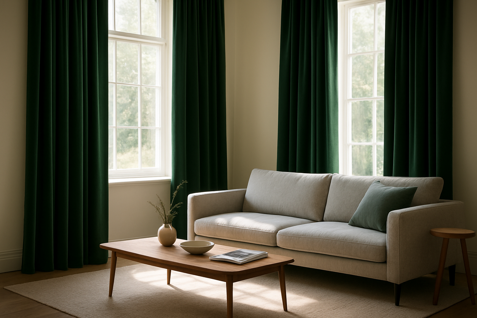 Salon cosy avec rideaux en velours vert foncé tombant jusqu'au sol, lumière naturelle, canapé moderne et table basse en bois, décoration minimaliste.