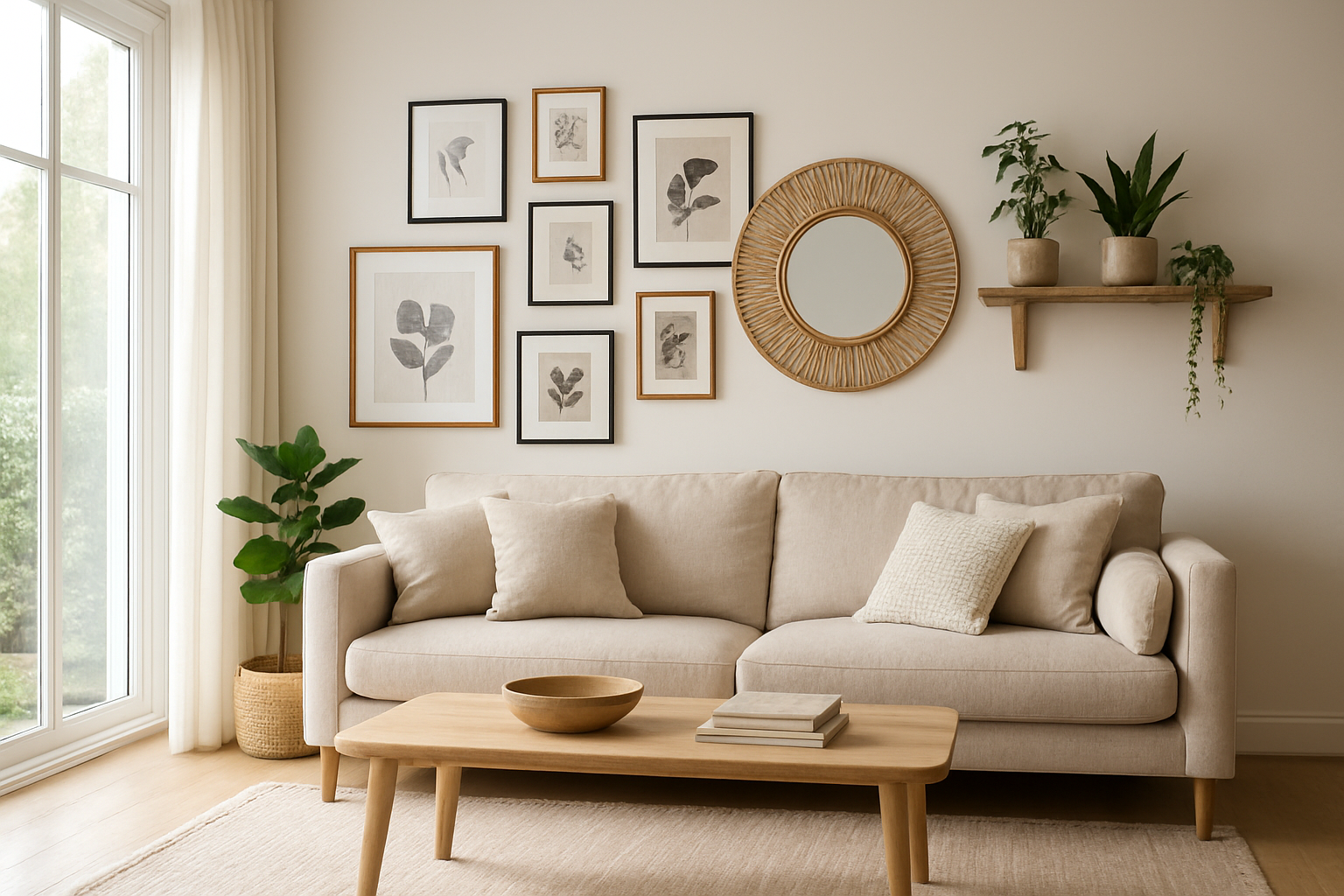 Salon lumineux avec décoration murale tendance : composition de cadres, miroir rond en rotin et étagère en bois avec plantes, canapé beige.