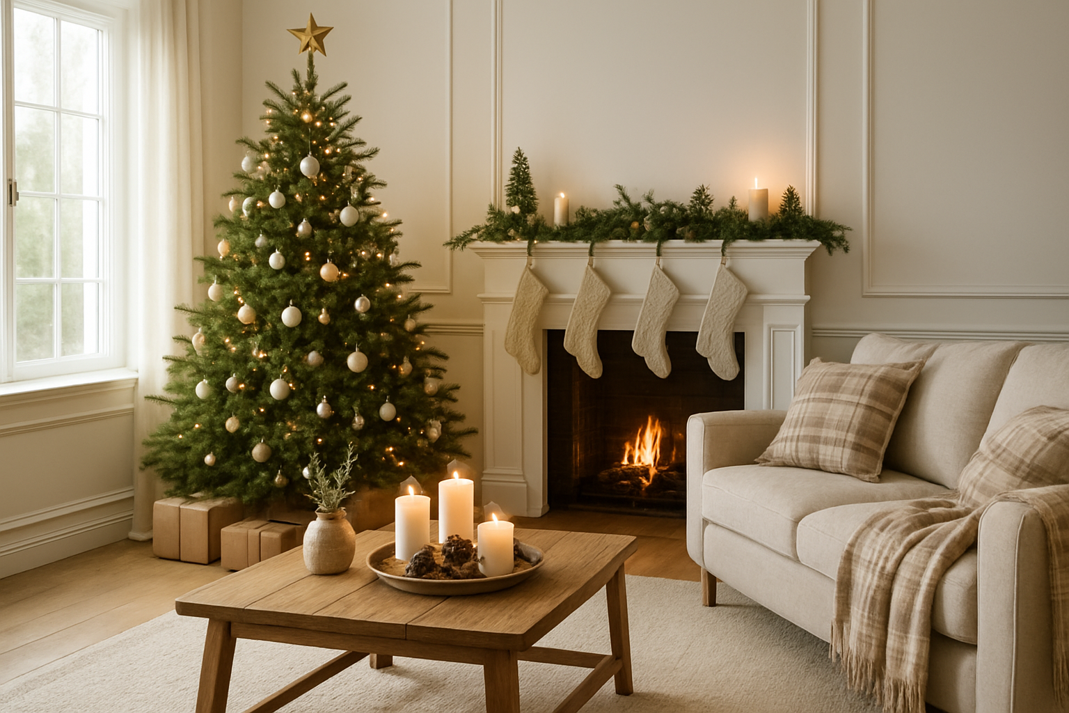 Salon cosy avec sapin de Noël décoré de boules blanches et dorées, guirlandes lumineuses chaudes, cheminée avec chaussettes, et table basse en bois avec bougies et pommes de pin, style scandinave.