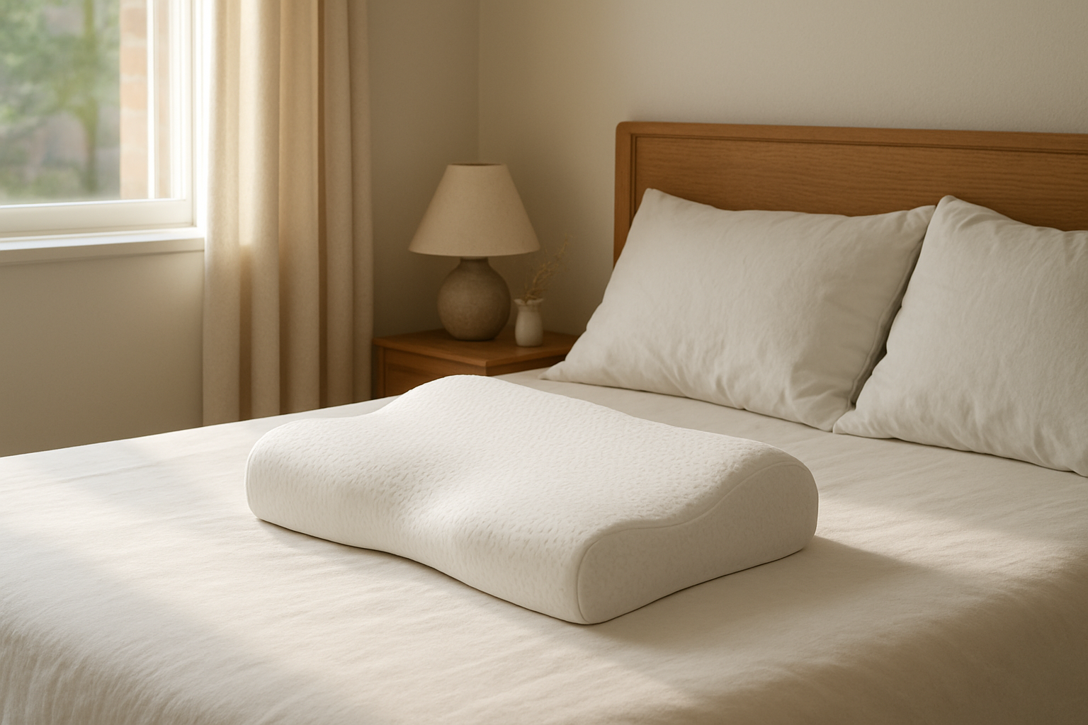 Oreiller Derila anti-ronflement en mousse à mémoire de forme posé sur un lit blanc dans une chambre lumineuse et apaisante
