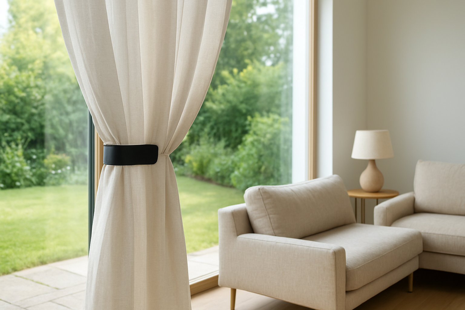 Rideau en lin blanc maintenu par un aimant à pince noir sur une tringle métallique, dans un salon lumineux au style minimaliste