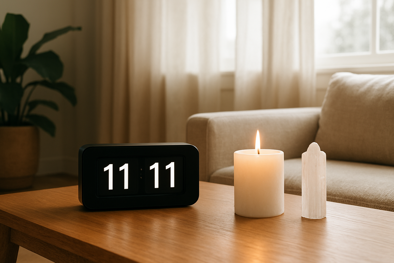 Horloge numérique affichant 11h11 sur une table en bois avec bougie et pierre de sélénite, dans un salon lumineux au style déco naturel.