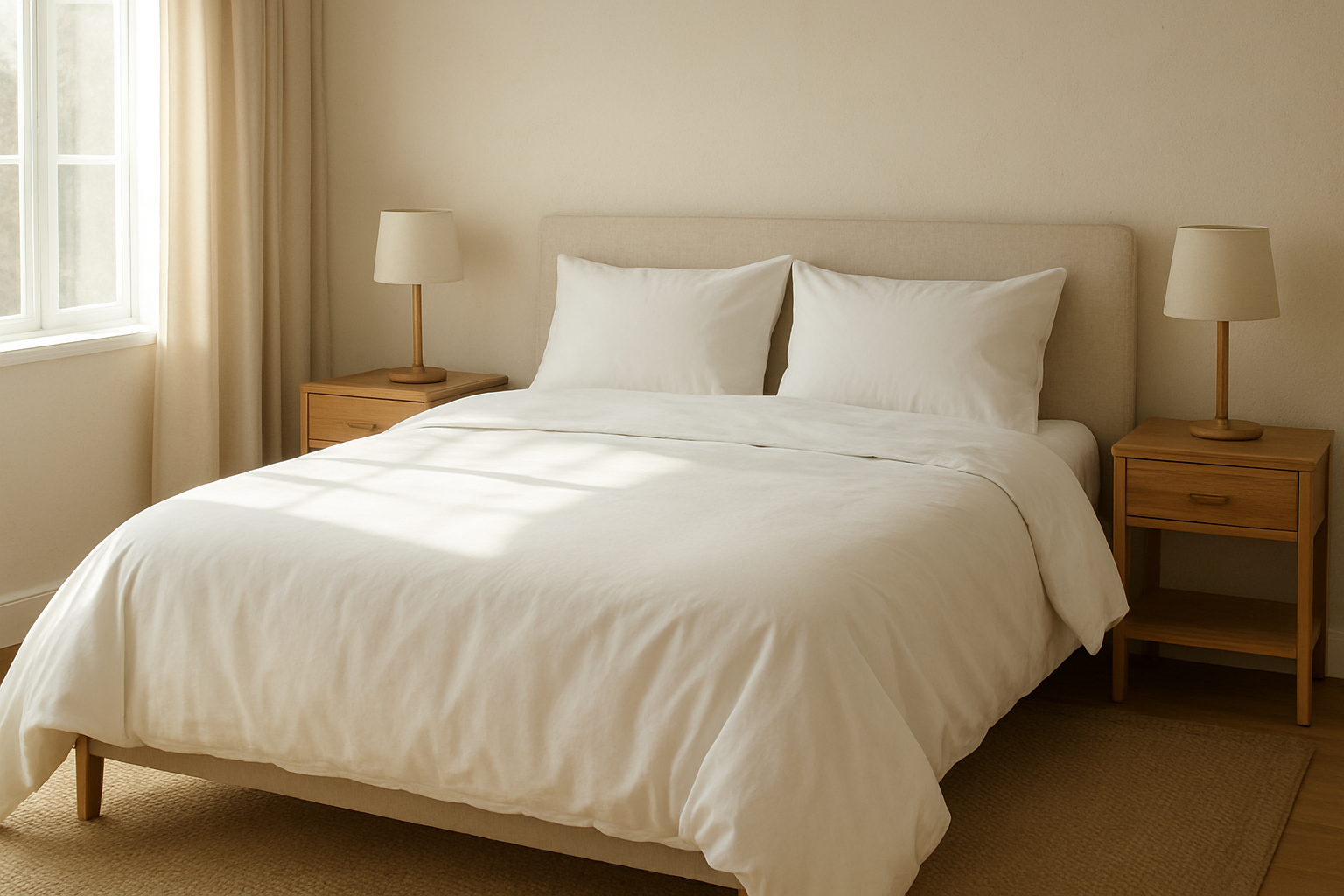 Lit 140x190 avec une couette blanche légèrement débordante, ambiance chaleureuse et lumineuse, décoration minimaliste