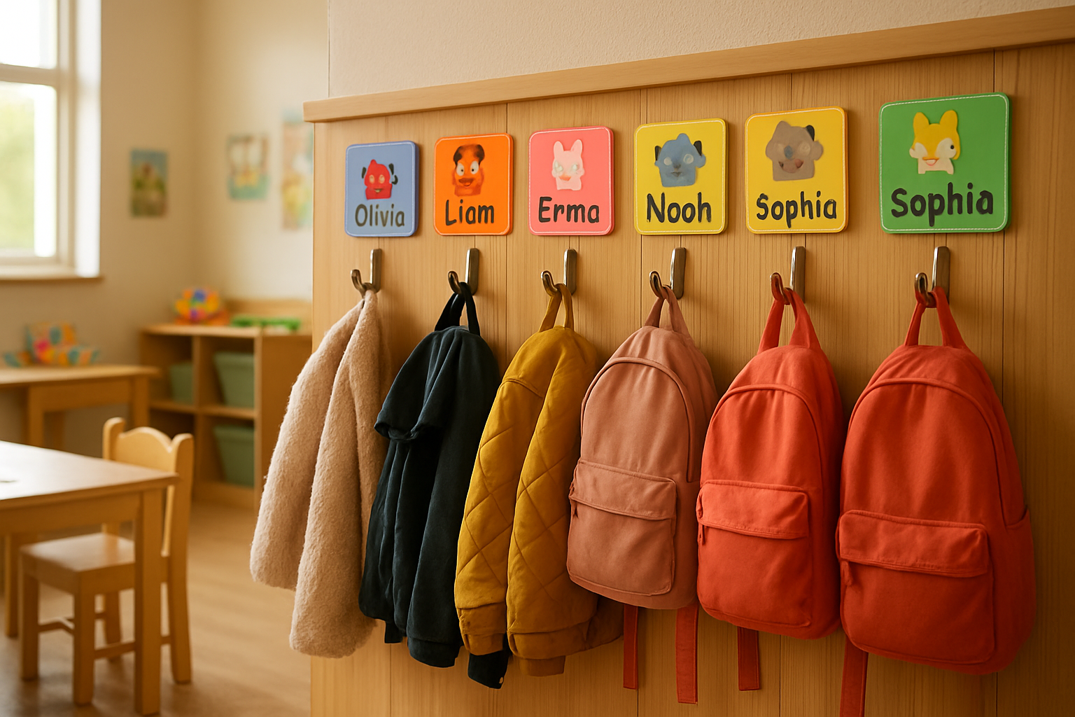 Étiquettes porte-manteau personnalisées pour petite section sur des patères en bois dans une salle de classe lumineuse, avec prénoms et dessins d'animaux colorés.