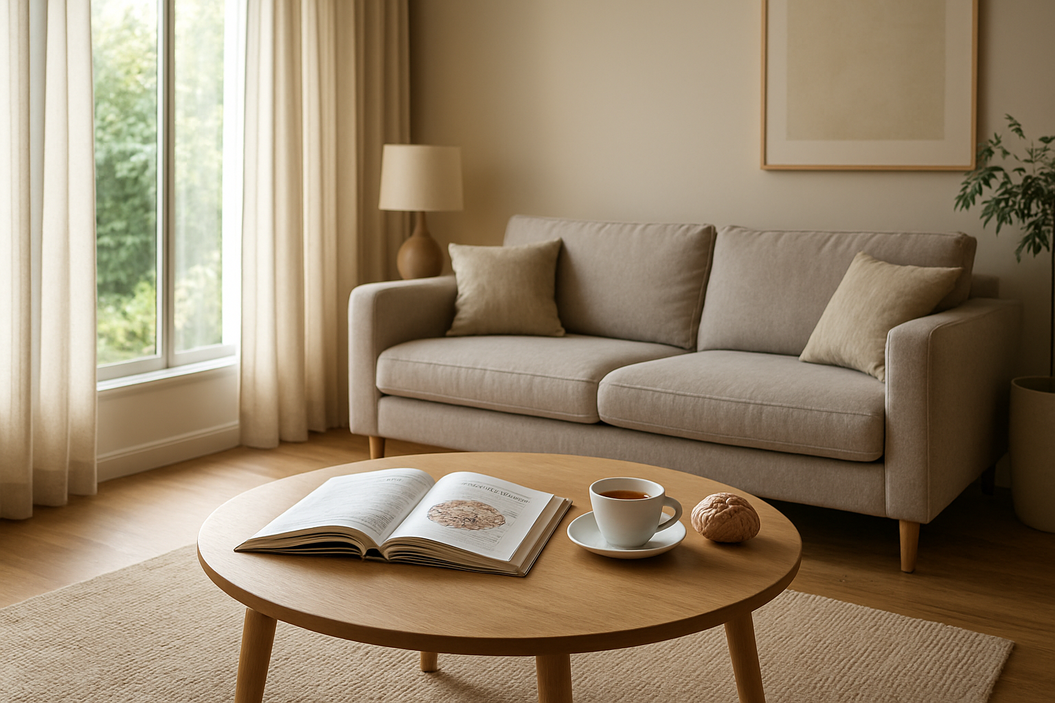 Salon moderne avec un livre ouvert sur les neurones en miroir, une tasse de thé et un modèle de cerveau sur une table basse, éclairé par la lumière naturelle d'une fenêtre avec des rideaux légers