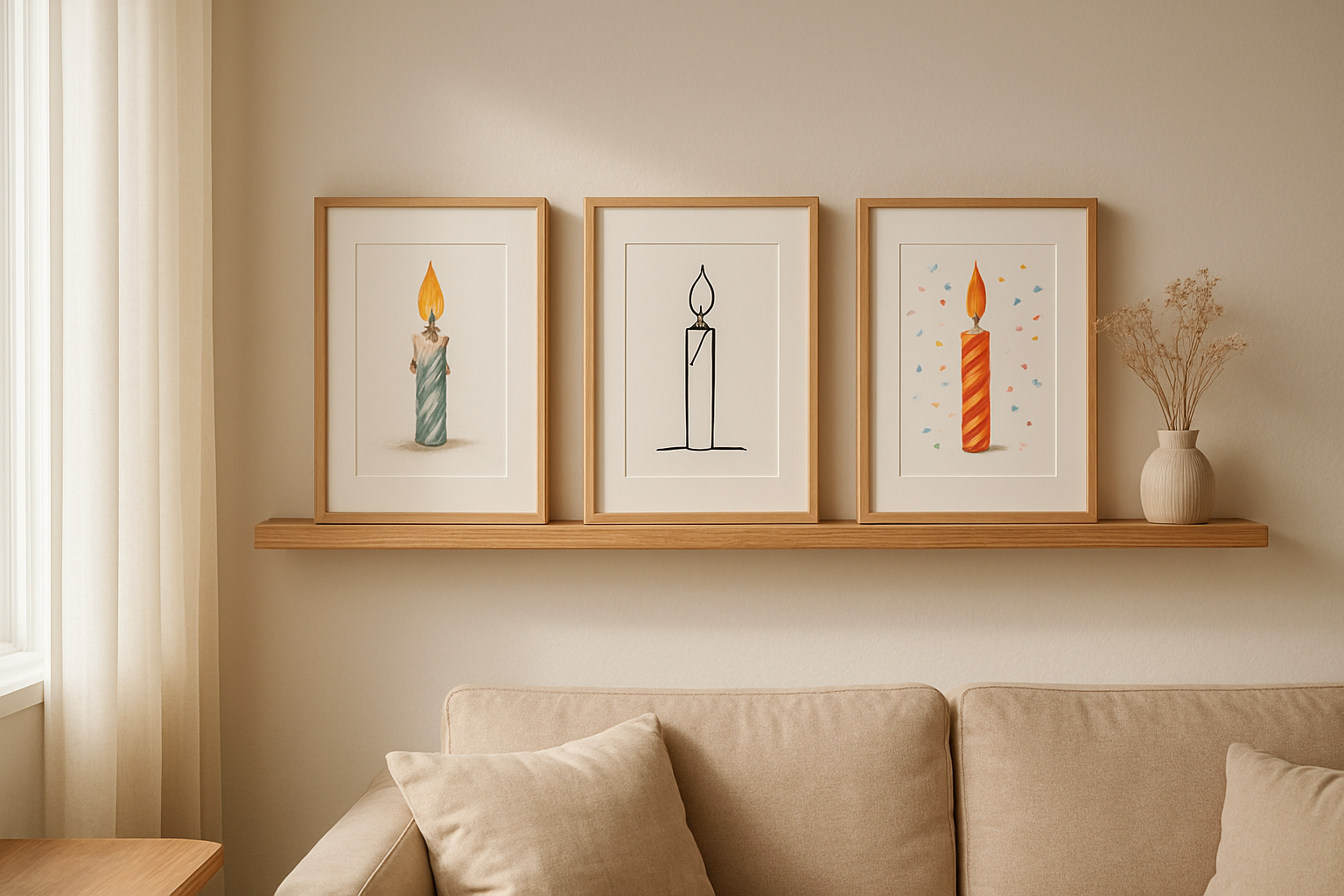 Trois dessins encadrés de bougies d'anniversaire sur une étagère en bois dans un salon lumineux, avec un vase de fleurs séchées à côté.