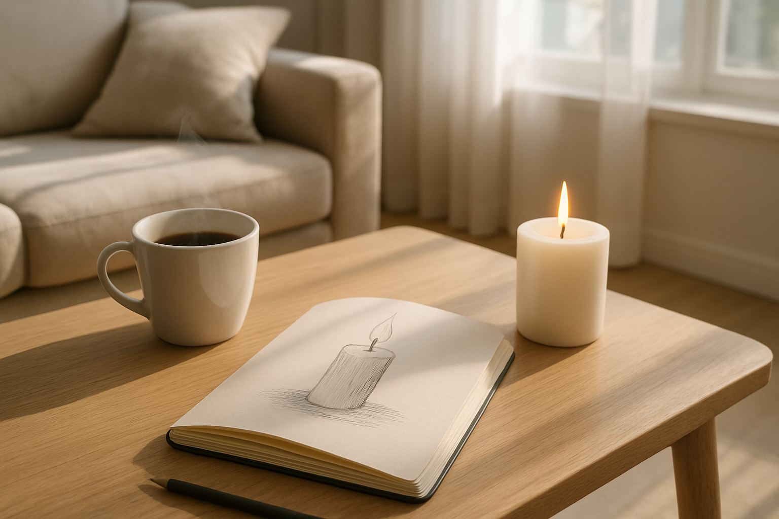 Carnet ouvert avec un dessin bougie réaliste au crayon posé sur une table en bois, à côté d'une bougie allumée et d'une tasse de café, lumière naturelle