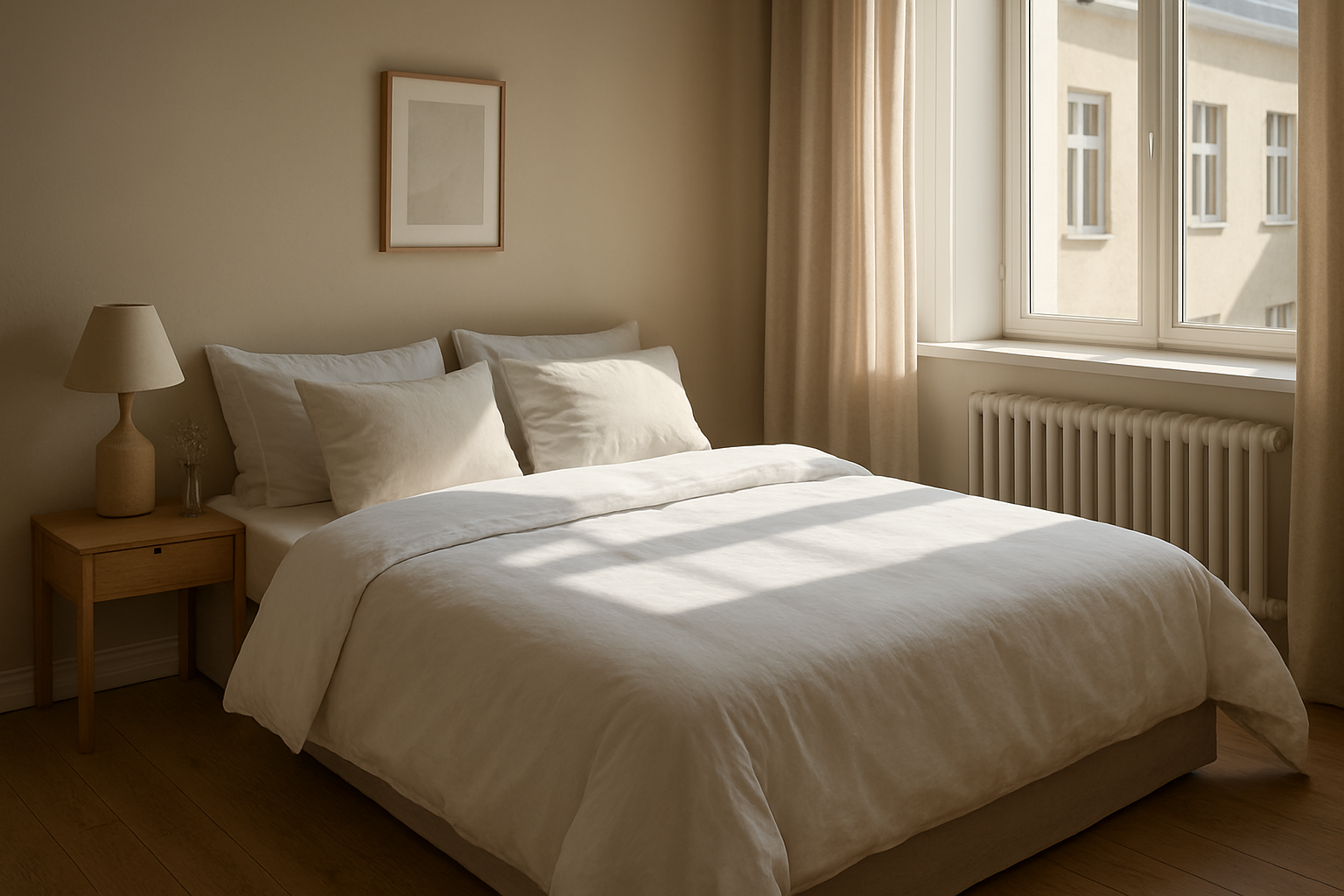 Lit double 160x200 avec une couette blanche bien gonflée, dans une chambre lumineuse et épurée, illustrant les dimensions idéales de couette pour un confort optimal.
